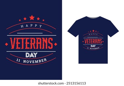 A bold, patriotic design featuring a stylized American flag with stars and stripes. In the center, "Happy Veterans Day" in large, bold letters, with a silhouette of a soldier saluting beneath.