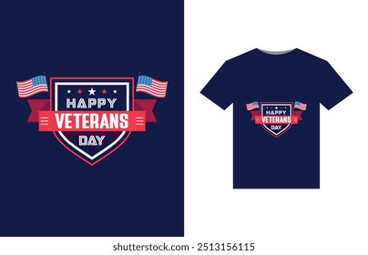 A bold, patriotic design featuring a stylized American flag with stars and stripes. In the center, "Happy Veterans Day" in large, bold letters, with a silhouette of a soldier saluting beneath.