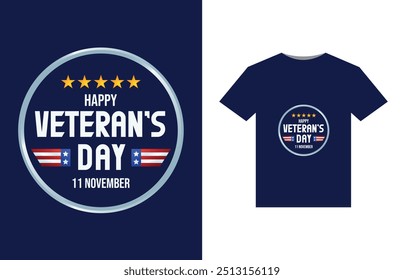 A bold, patriotic design featuring a stylized American flag with stars and stripes. In the center, "Happy Veterans Day" in large, bold letters, with a silhouette of a soldier saluting beneath.