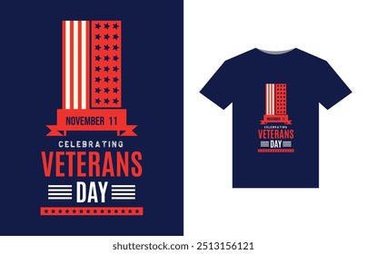 A bold, patriotic design featuring a stylized American flag with stars and stripes. In the center, "Happy Veterans Day" in large, bold letters, with a silhouette of a soldier saluting beneath.