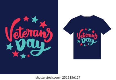 A bold, patriotic design featuring a stylized American flag with stars and stripes. In the center, "Happy Veterans Day" in large, bold letters, with a silhouette of a soldier saluting beneath.