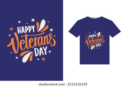 A bold, patriotic design featuring a stylized American flag with stars and stripes. In the center, "Happy Veterans Day" in large, bold letters, with a silhouette of a soldier saluting beneath.