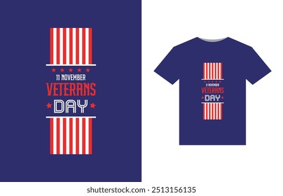 A bold, patriotic design featuring a stylized American flag with stars and stripes. In the center, "Happy Veterans Day" in large, bold letters, with a silhouette of a soldier saluting beneath.