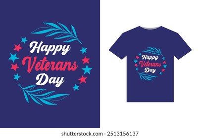 A bold, patriotic design featuring a stylized American flag with stars and stripes. In the center, "Happy Veterans Day" in large, bold letters, with a silhouette of a soldier saluting beneath.