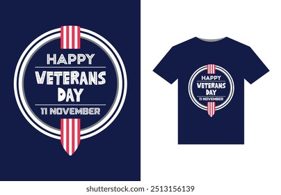 A bold, patriotic design featuring a stylized American flag with stars and stripes. In the center, "Happy Veterans Day" in large, bold letters, with a silhouette of a soldier saluting beneath.