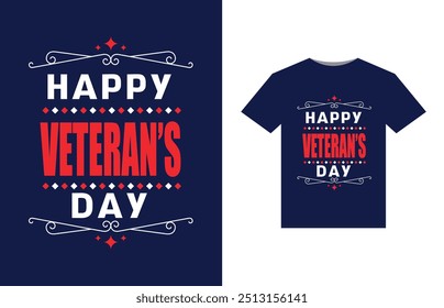 A bold, patriotic design featuring a stylized American flag with stars and stripes. In the center, "Happy Veterans Day" in large, bold letters, with a silhouette of a soldier saluting beneath.