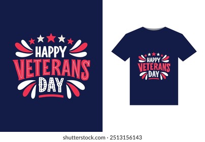 A bold, patriotic design featuring a stylized American flag with stars and stripes. In the center, "Happy Veterans Day" in large, bold letters, with a silhouette of a soldier saluting beneath.