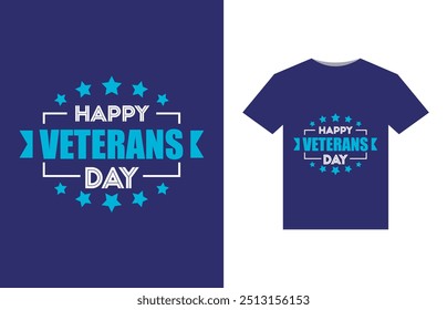 A bold, patriotic design featuring a stylized American flag with stars and stripes. In the center, "Happy Veterans Day" in large, bold letters, with a silhouette of a soldier saluting beneath.