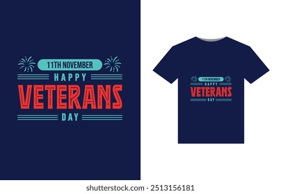 A bold, patriotic design featuring a stylized American flag with stars and stripes. In the center, "Happy Veterans Day" in large, bold letters, with a silhouette of a soldier saluting beneath.