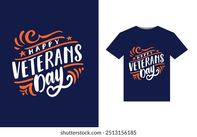 A bold, patriotic design featuring a stylized American flag with stars and stripes. In the center, "Happy Veterans Day" in large, bold letters, with a silhouette of a soldier saluting beneath.