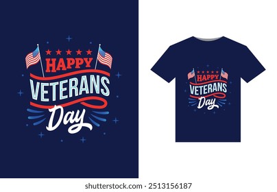 A bold, patriotic design featuring a stylized American flag with stars and stripes. In the center, "Happy Veterans Day" in large, bold letters, with a silhouette of a soldier saluting beneath.