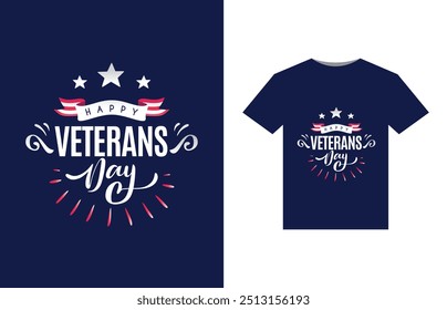 A bold, patriotic design featuring a stylized American flag with stars and stripes. In the center, "Happy Veterans Day" in large, bold letters, with a silhouette of a soldier saluting beneath.