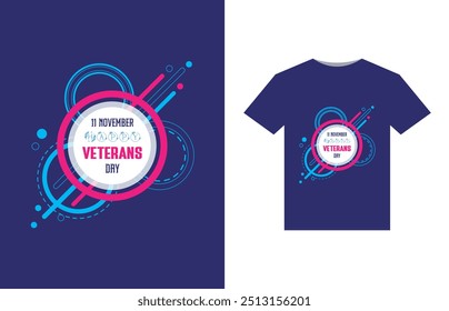 A bold, patriotic design featuring a stylized American flag with stars and stripes. In the center, "Happy Veterans Day" in large, bold letters, with a silhouette of a soldier saluting beneath.