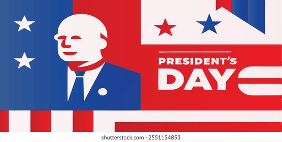 A bold and patriotic President's Day background featuring vibrant red, white, and blue colors, stars, and stripes, perfect for banners, posters, or greeting cards celebrating the occasion.