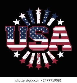 Bold and Patriotic T-Shirt Logo Design for Independence Day: 'USA' in Block Letters with American Flag Pattern, Enhanced by Stars and Stripes