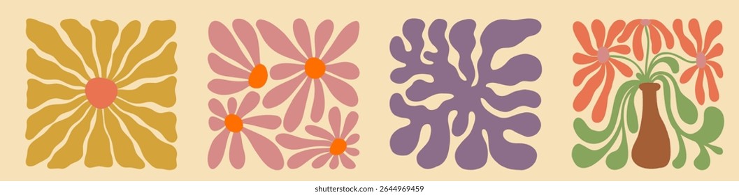 Bold pattern combining waves and flowers, reflecting vintage design sensibilities.