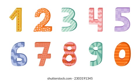 Bold patterned number set in childish naive style. Cute vector numbers for design template, poster, banner, greeting card. Cheerful, multi-colored clipart isolated on background.