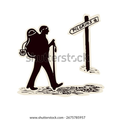  Bold pilgrim figure with backpack, marian shell, staff stick and signpost. Sanctuary for Canterbury pilgrims way or European Camino religious pilgrimage walk. Christian walkers vector icon motif
