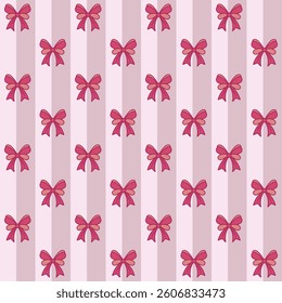 Bold pink bow seamless pattern with vertical pastel stripes. Playful and feminine design, perfect for clothing, stationery, textiles, gift wrapping, and elegant decorative prints.