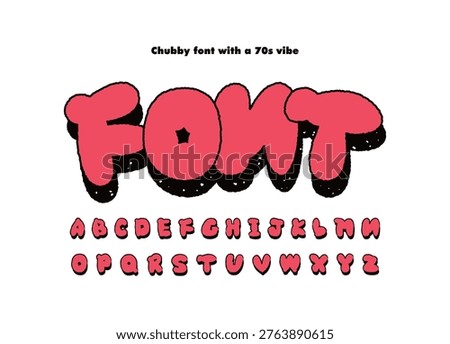 Bold pink retro font with textured edges and 70s vibe, chubby bubble alphabet letters with heavy black shadow on white background, ideal for vibrant posters, pop art, and playful creative designs