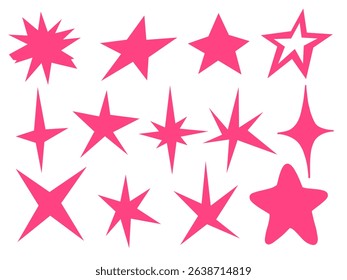 Bold Pink Star Silhouette and Icon. A striking set of 13 bold pink star silhouettes and abstract icons in various styles including classic, playful, and blobby. Perfect for stickers festive layouts