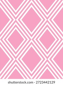 Padrão geométrico preto-rosa e branco com linhas de losango repetidas. Design moderno e de alto contraste ideal para tecidos de moda, fabricação de vestuário, design de interiores e padrões de superfície contemporâneos.