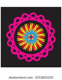 A bold pink and yellow mandala design featuring layered geometric petals. Perfect for decorative art, digital design, or creative projects.