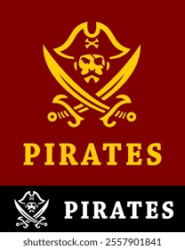 Bold pirate-themed logo featuring a skull with a hat, crossbones, and crossed swords