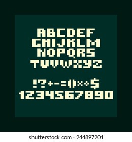 Bold pixel alphabet, numbers and symbols