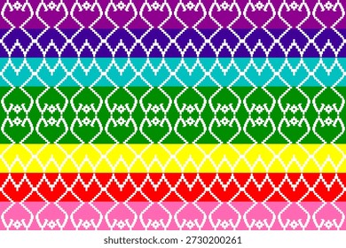 Patrón de píxel de arte audaz con figuras humanas del arco iris y fronteras geométricas étnicas, que expresan amor, unidad y diversidad LGBTQ +. Ideal para estampados textiles, Fondos de pantalla, fondos y Ilustraciones vectoriales modernas