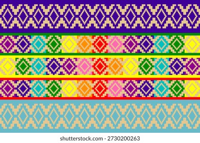 Patrón de píxel de arte audaz con figuras humanas del arco iris y fronteras geométricas étnicas, que expresan amor, unidad y diversidad LGBTQ +. Ideal para estampados textiles, Fondos de pantalla, fondos y Ilustraciones vectoriales modernas