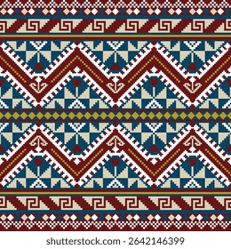 Bold pixel art pattern with tribal zigzag bands, heart motifs, and cultural symbols in red, navy, and cream tones.