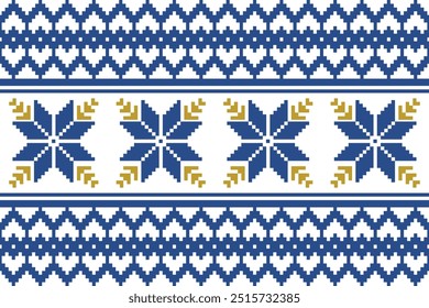 A bold pixel pattern with blue and gold floral motifs and geometric accents, perfect for cozy Scandinavian-inspired textiles or modern digital art.