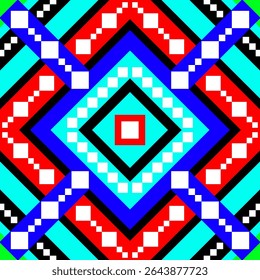 A bold pixel seamless pattern featuring diamond shapes in red, turquoise blue, and black on a symmetrical grid layout.