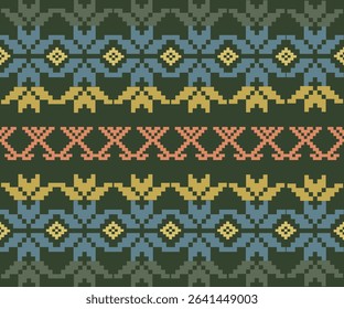 Bold pixel tribal design in earthy green and mustard yellow tones, with coral accents. This striking digital pattern mimics handwoven ethnic textiles, ideal for fashion, print, or web backgrounds.