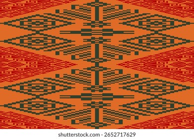 Padrão tribal em estilo pixel arrojado com motivos verdes e vermelhos sobre um fundo laranja vivo. Perfeito para a moda boho, estofamento e decoração de casa visando o mercado têxtil dos EUA.