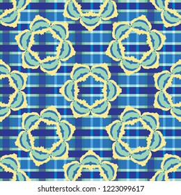 Bold Plaid Floral Seamless Vector Pattern. Boho Tartan Flower llustration for Trendy Fashion Prints, Blue Summer Beach Packaging, Fun Paper Goods, Floral Blooms Wrap, Feminine Daisy Geometric Backdrop