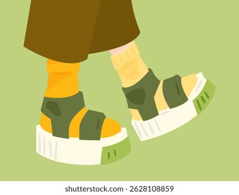 Bold Platform Sandals Street Style. Stylized legs in chunky platform sandals and socks, flat fashion illustration on green background, trendy summer style.