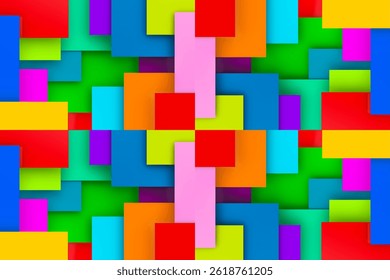 A bold and playful abstract background featuring an overlapping pattern of colorful rectangles, perfect for modern and creative design projects.