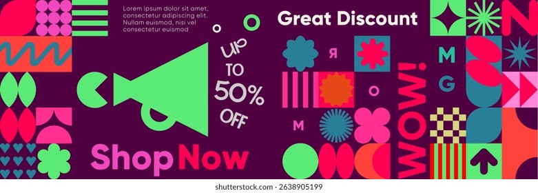 Bold and playful discount banner with megaphone, geometric shapes, and bright retail symbols promoting 50% off in vibrant collage style.