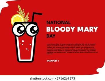 Ilustración vectorial plana atrevida y juguetona para el Día Nacional de Bloody Mary, con un vaso de cóctel Bloody Mary de estilo de dibujos animados con ojos expresivos, adornos de apio y limón y paja. Con un fondo rojo vibrante y una fuerte tipografía moderna, este diseño divertido y llamativo es ideal para carteles, gráficos de redes sociales, promociones de bares, volantes de eventos, menús y marketing de bebidas con temática navideña.