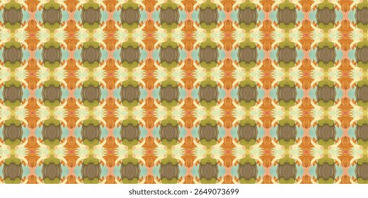 Bold and playful kaleidoscope pattern featuring abstract figures and earthy tones. Energetic art or texture design for creative and fashion projects.