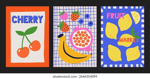 Bold and playful set of vector fruit posters with hand-drawn illustrations and vibrant retro colors. For kitchen prints, branding, food packaging, café menus, kids’ decor, posters