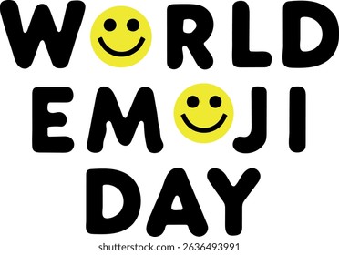 A bold and playful silhouette design celebrating World Emoji Day. The text 'World Emoji Day' is presented in a distinctive silhouette style, with two cheerful smiley emojis incorporated into.