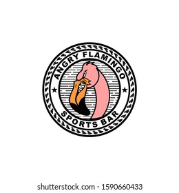 A bold and playful sports bar badge logo design featuring an angry flamingo mascot. Perfect for sports bars, pub branding, team logos, and entertainment merchandise with a fun and edgy personality