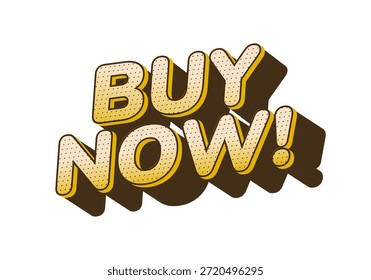 Um gráfico de texto arrojado e divertido que diz COMPRAR AGORA! em um estilo tridimensional com um efeito de sombra. As letras são amarelas com uma textura pontilhada, colocadas sobre um fundo branco.