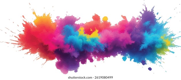 Bold and Playful Watercolor Splatters, Stains, and Streaks of Vibrant Colors Mixed with Artistic Brush Marks, Making a Modern and Colorful Explosion of Aquarelle on a White Background.

