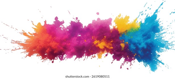 Bold and Playful Watercolor Splatters, Stains, and Streaks of Vibrant Colors Mixed with Artistic Brush Marks, Making a Modern and Colorful Explosion of Aquarelle on a White Background.
