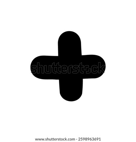 Bold plus add symbol in hand drawn style. Vector illustration isolated on white background. For typography, font, shop, logo, alphabet, sales, signboard, education, branding, presentation.