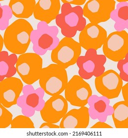 Bold polka dot, flowers seamless pattern. Big hand drawn flower with dot, blob, spot, blot, circles texture background. Abstract art illustration for fun textile, fabric, wallpaper, repeating design